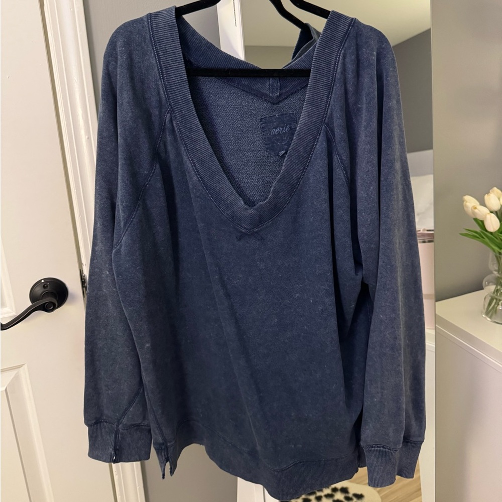 Aerie Navy Blue Washed V-Neck Sweatshirt